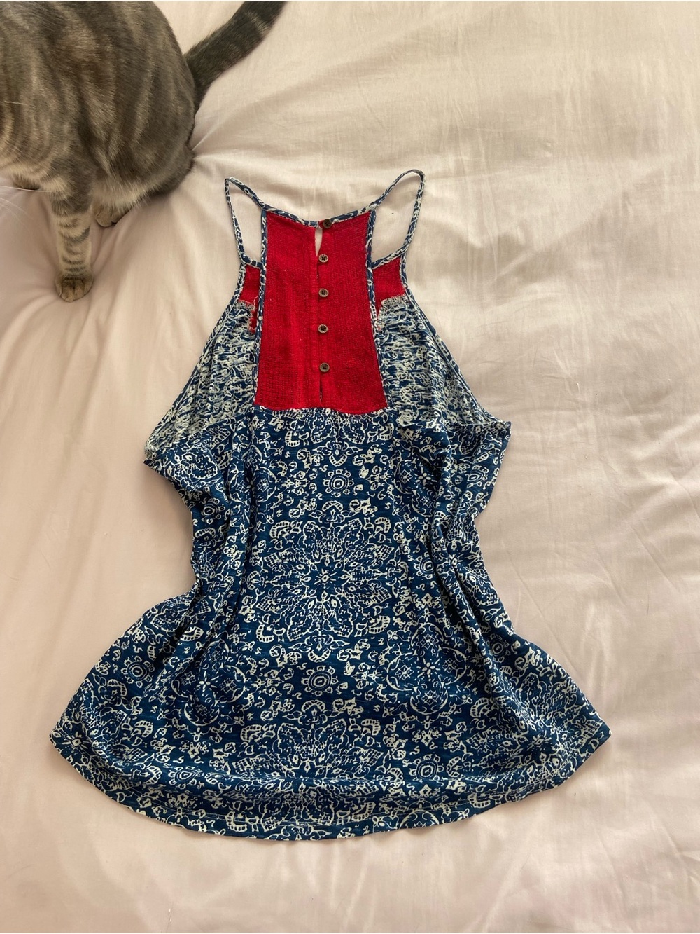 Lucky Brand Blue Floral Halter Tank with Red Button Panel